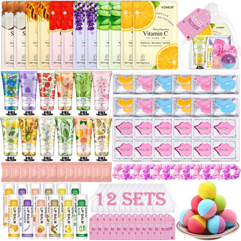 KONEUK 120 PCS Spa Party Supplies for Women Spa Party Favors Include Face Masks Skincare Hand Cream Lip Balm Under Eye Patches Lip Mask and Foot Bath Bombs Spa Birthday Sleepover Party Supplies
